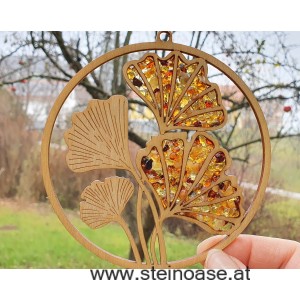 Fensterbild Suncatcher Bernstein - GINKGOBLATT  Ø 11cm